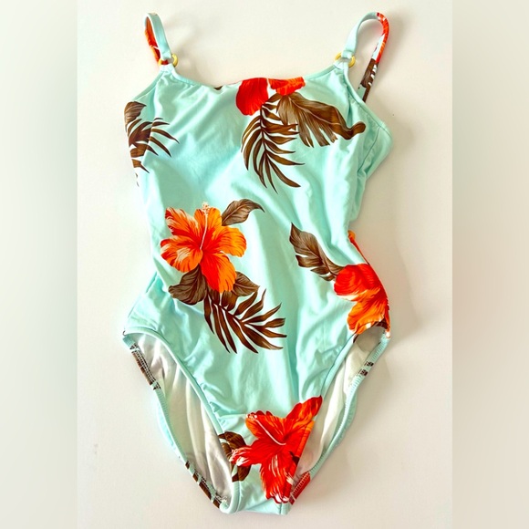 LEILANI Open Back One-Piece Swimsuit Lined SZ 8 Hibiscus Adjustable Built In Bra - Picture 1 of 8